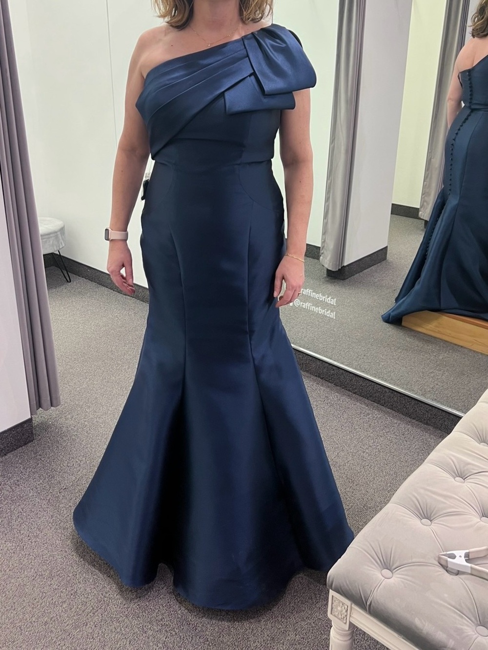 One-Shoulder Navy Satin Evening Gown